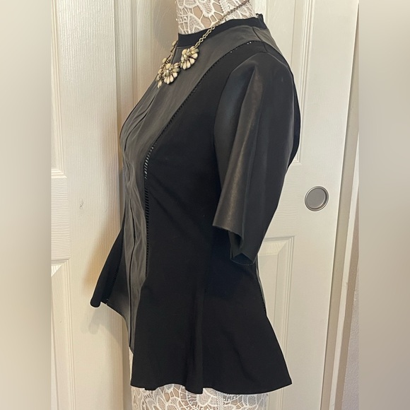 Gracia Faux Leather Back Zip Shirt Balloon Puff Sleeves Flair Waist - Picture 3 of 6